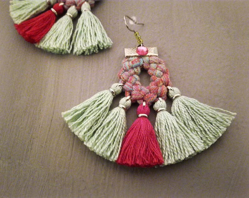 Tassel Earrings Pink Green Boho Gypsy Style Jewelry