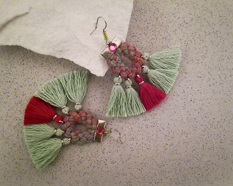 Tassel Earrings Pink Green Boho Gypsy Style Jewelry