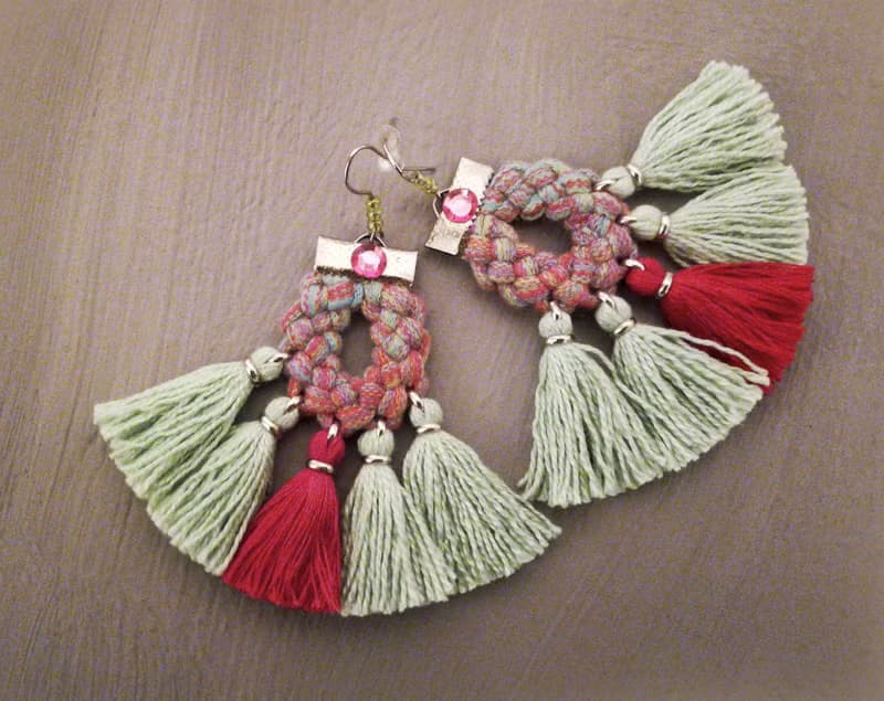 Tassel Earrings Pink Green Boho Gypsy Style Jewelry