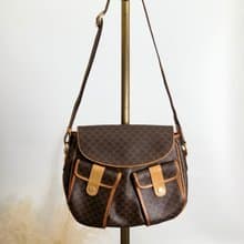 【 日本直送　名牌中古包 】CELINE セリーヌ マカダム ショルダーバッグ ブラウン PVC ダブルポケット vintage ヴィンテージ a3bmb4