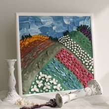 Textured flowers fields, original sculptural painting, 3d floral painting