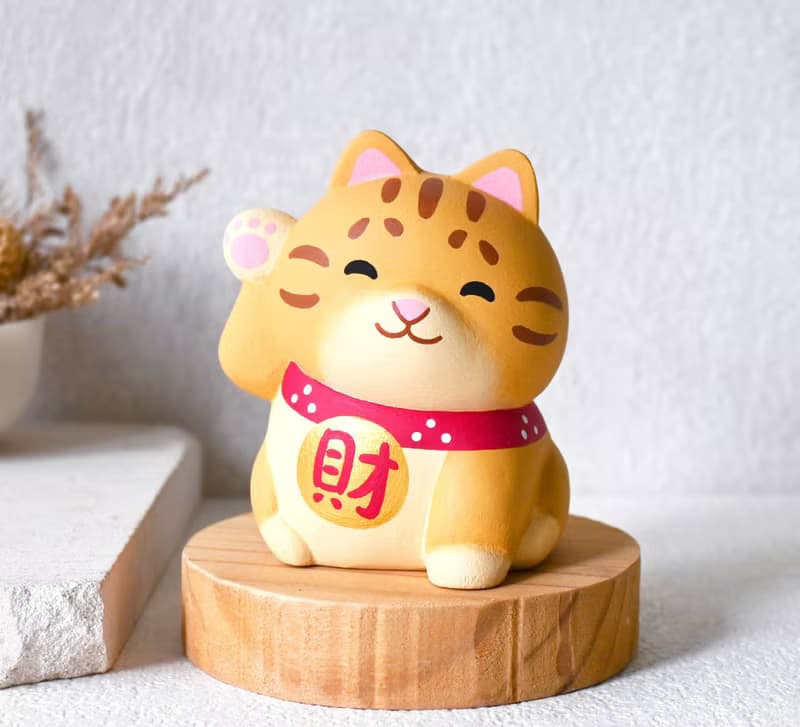 貓來福 招財貓 橘貓 貓咪公仔擺飾 名片架 手工療癒小木雕