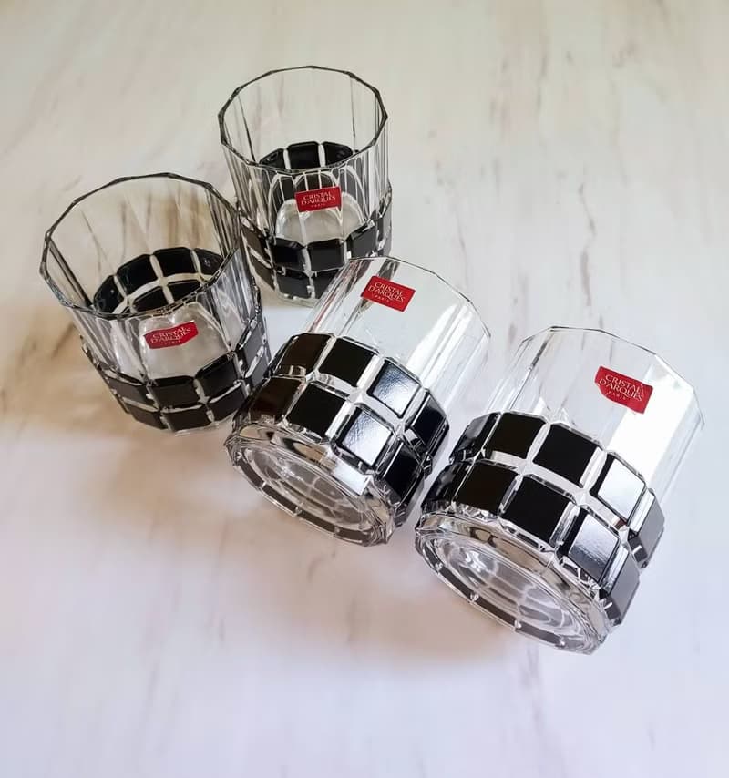 1970's 老法國 透明黑 雙色幾何方塊 12邊型水晶玻璃威士忌酒杯