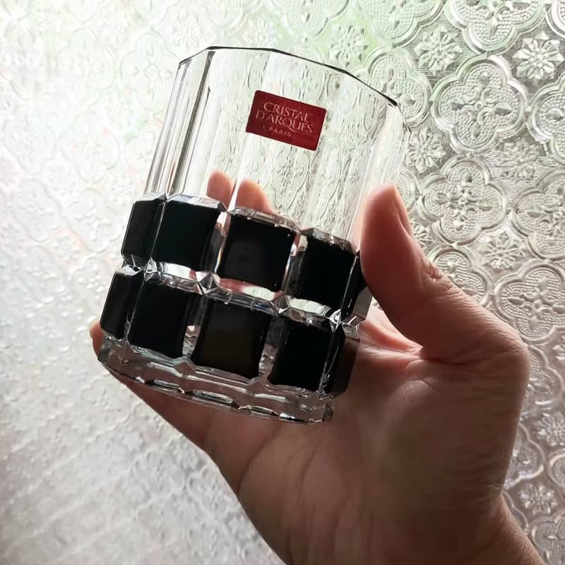 1970's 老法國 透明黑 雙色幾何方塊 12邊型水晶玻璃威士忌酒杯