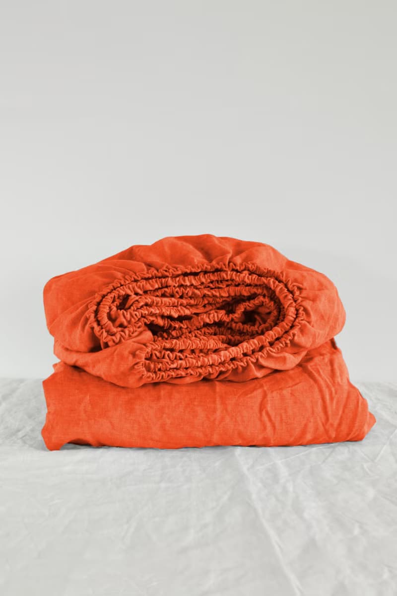 Bright orange linen fitted sheet / Softened linen bed sheet / Deep pocket
