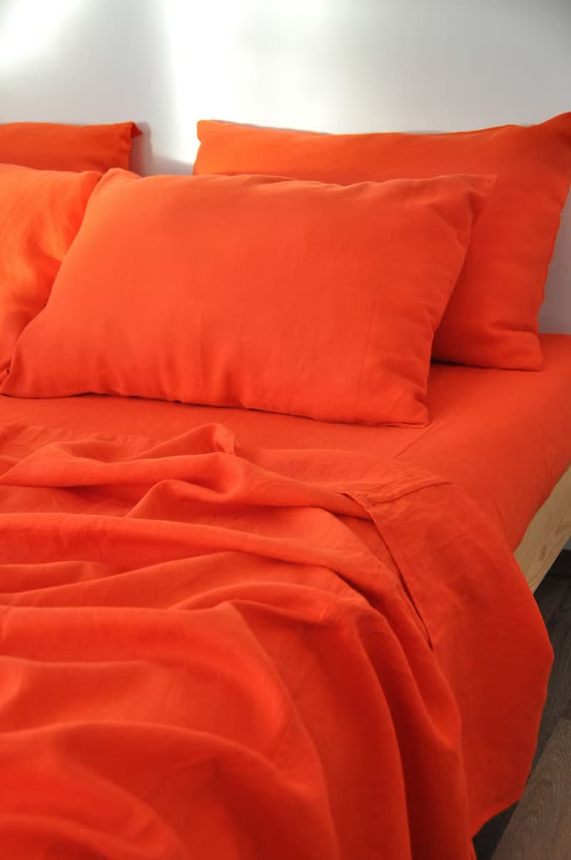 Bright orange linen fitted sheet / Softened linen bed sheet / Deep pocket