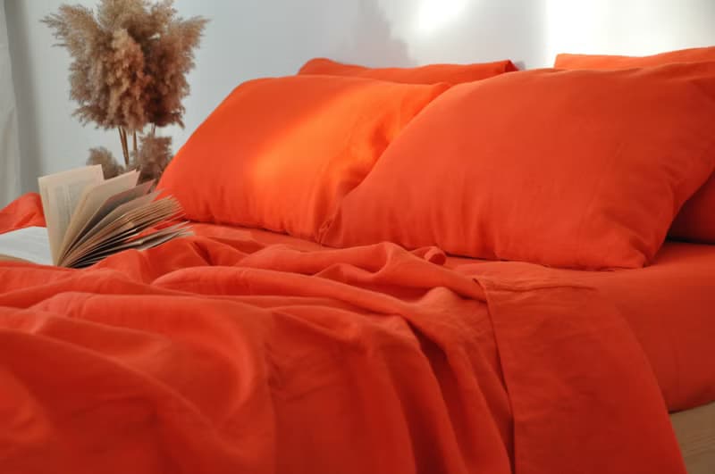 Bright orange linen fitted sheet / Softened linen bed sheet / Deep pocket