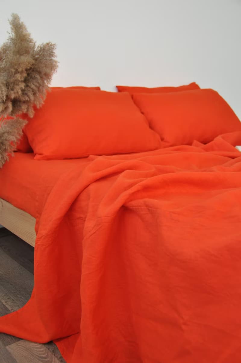 Bright orange linen fitted sheet / Softened linen bed sheet / Deep pocket