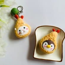 可愛炸蝦企鵝/炸蝦貓咪 羊毛氈胸針/別針/鑰匙圈 附盒裝