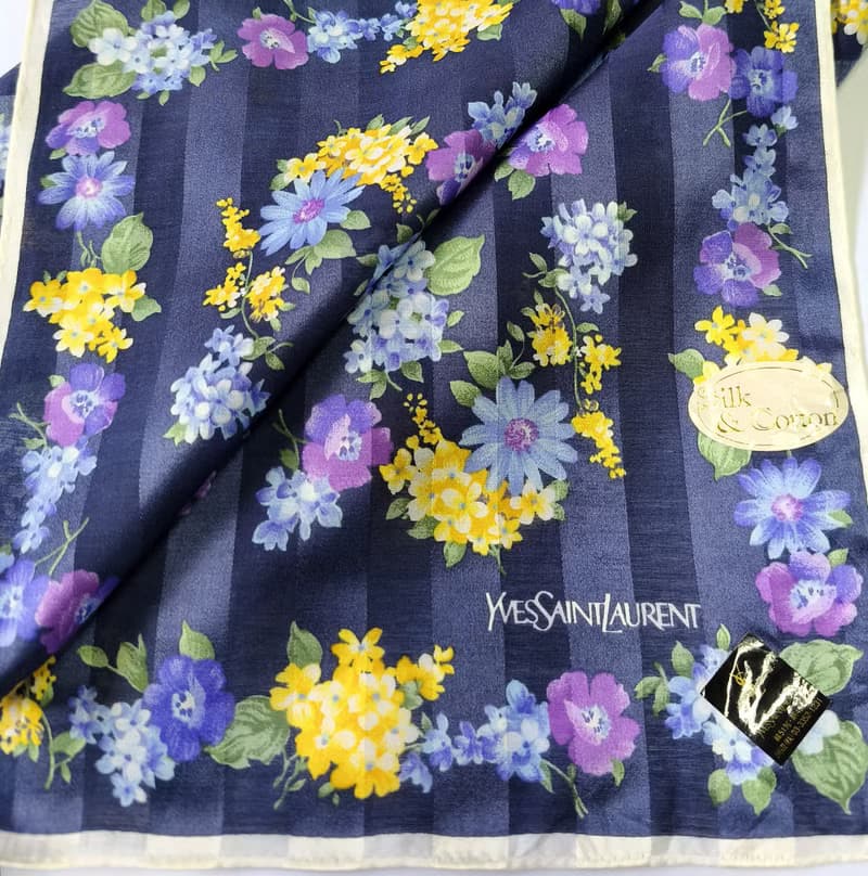 Yves Saint Laurent Vintage Silk Cotton Scarf Floral Blue 23 x 22.5 inches