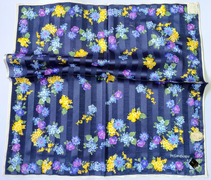 Yves Saint Laurent Vintage Silk Cotton Scarf Floral Blue 23 x 22.5 inches
