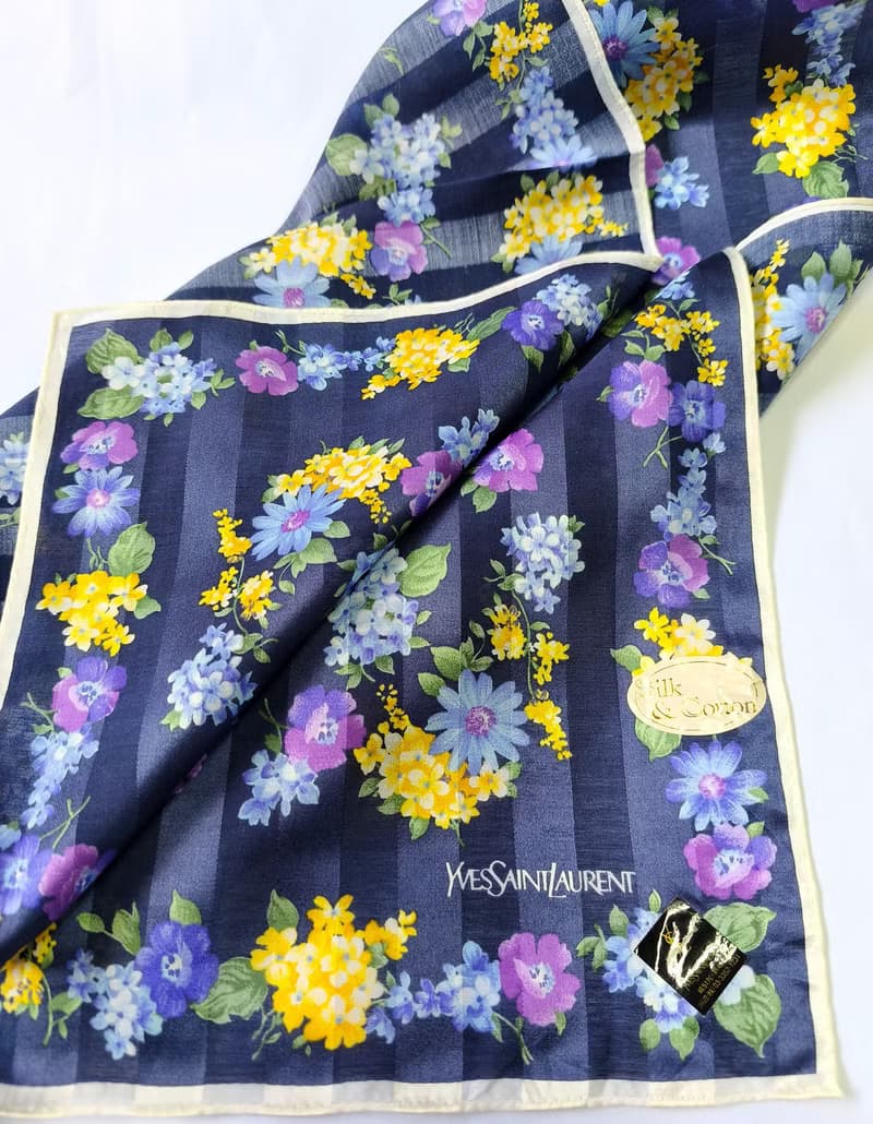Yves Saint Laurent Vintage Silk Cotton Scarf Floral Blue 23 x 22.5 inches