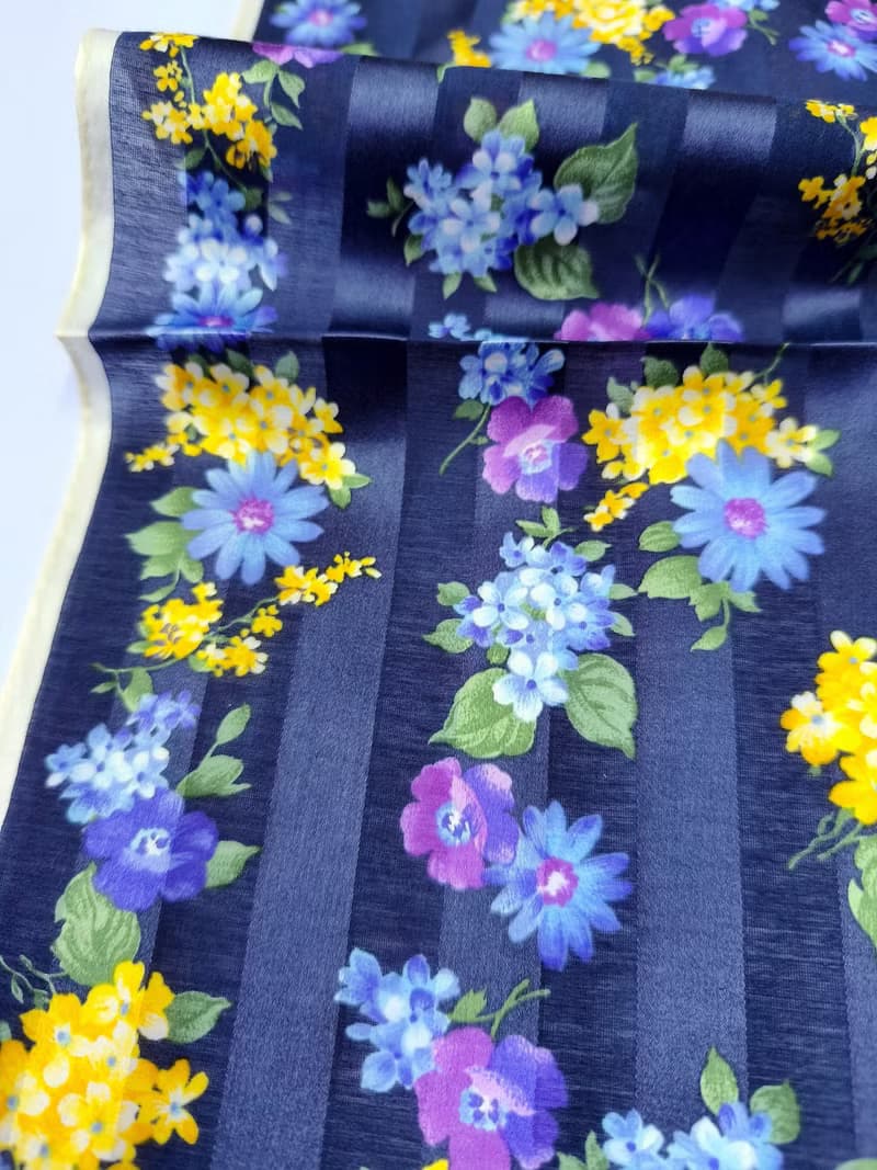 Yves Saint Laurent Vintage Silk Cotton Scarf Floral Blue 23 x 22.5 inches