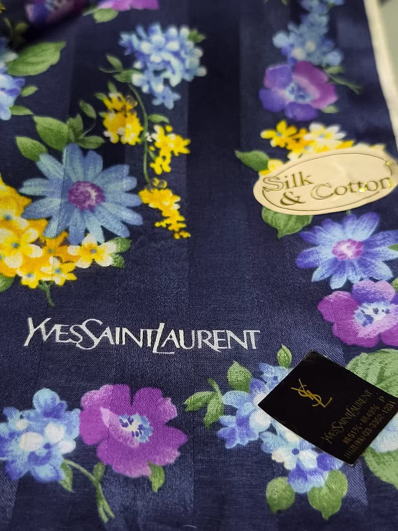Yves Saint Laurent Vintage Silk Cotton Scarf Floral Blue 23 x 22.5 inches