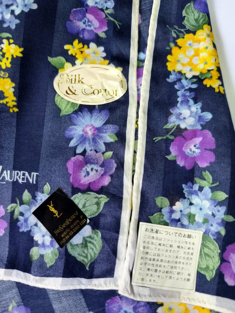 Yves Saint Laurent Vintage Silk Cotton Scarf Floral Blue 23 x 22.5 inches