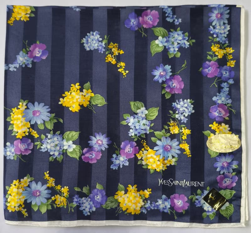 Yves Saint Laurent Vintage Silk Cotton Scarf Floral Blue 23 x 22.5 inches