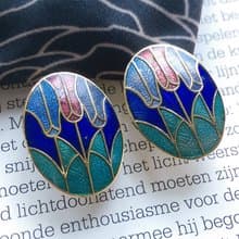 Vintage Jewelry  西洋古董飾品 景泰藍 藍底鬱金香花卉 夾式耳環