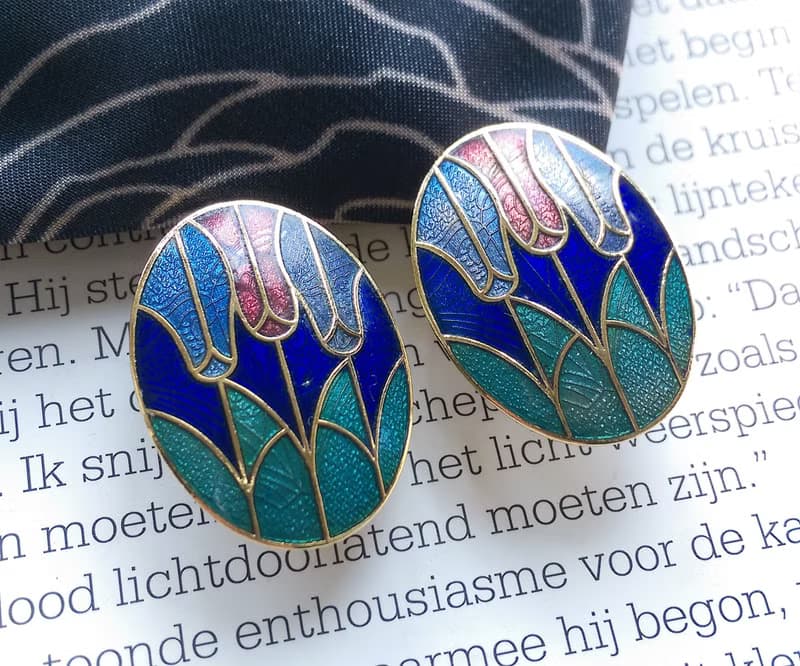 Vintage Jewelry  西洋古董飾品 景泰藍 藍底鬱金香花卉 夾式耳環
