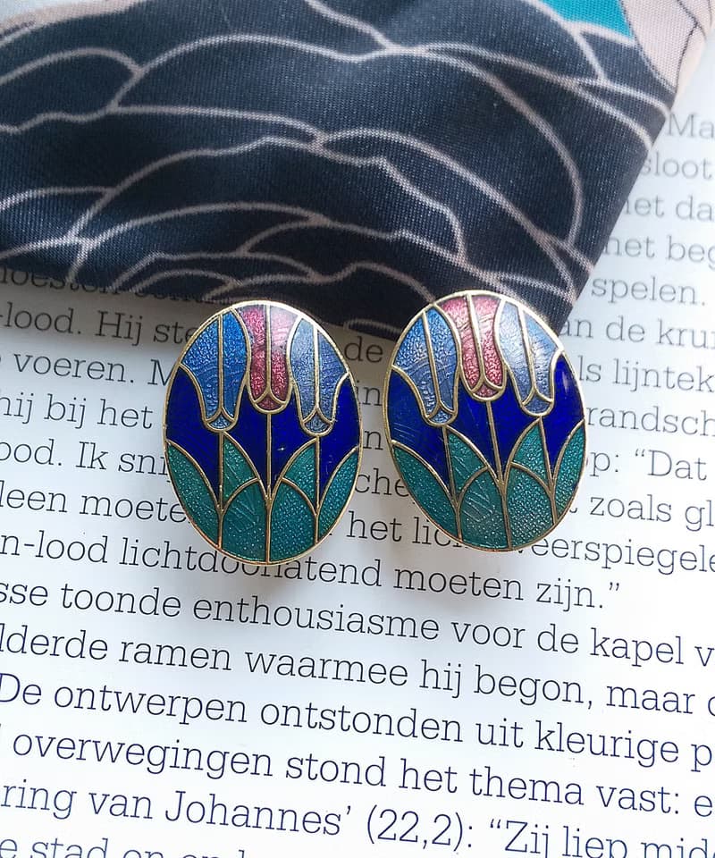 Vintage Jewelry  西洋古董飾品 景泰藍 藍底鬱金香花卉 夾式耳環