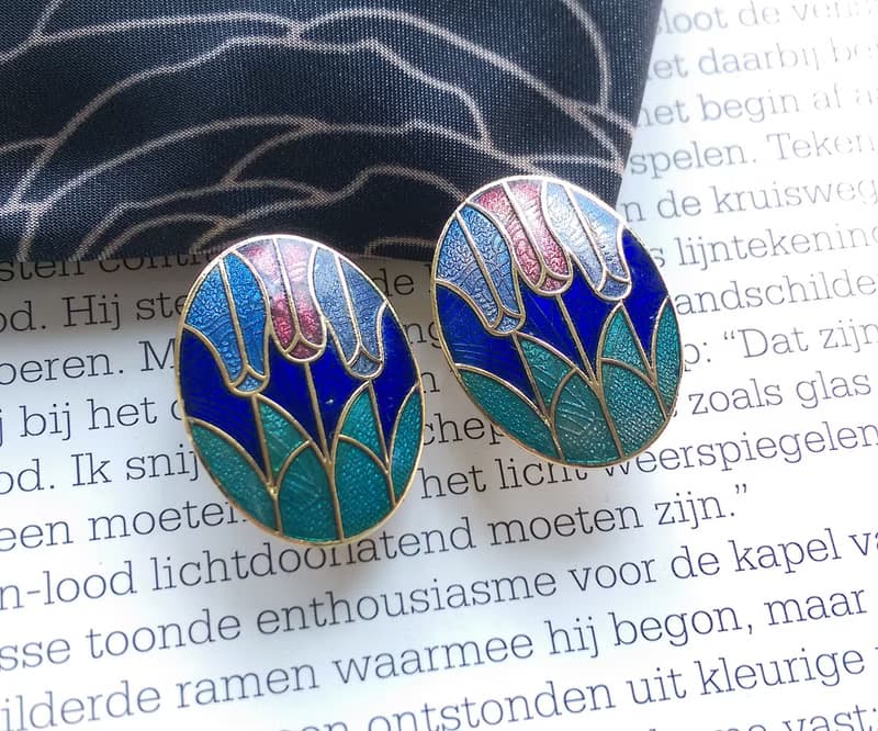 Vintage Jewelry  西洋古董飾品 景泰藍 藍底鬱金香花卉 夾式耳環