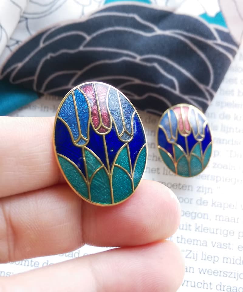 Vintage Jewelry  西洋古董飾品 景泰藍 藍底鬱金香花卉 夾式耳環