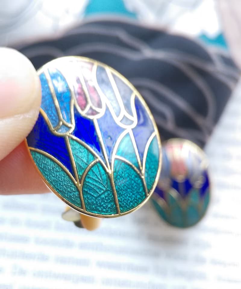 Vintage Jewelry  西洋古董飾品 景泰藍 藍底鬱金香花卉 夾式耳環