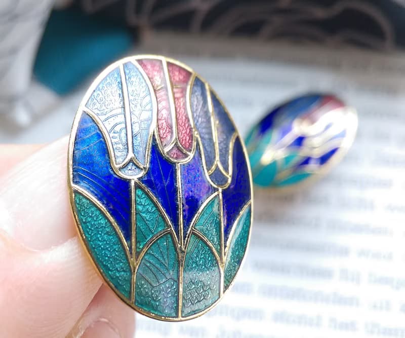 Vintage Jewelry  西洋古董飾品 景泰藍 藍底鬱金香花卉 夾式耳環