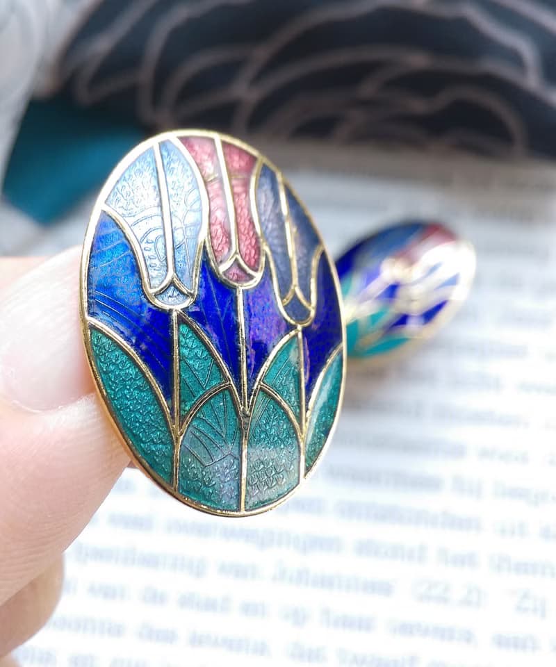 Vintage Jewelry  西洋古董飾品 景泰藍 藍底鬱金香花卉 夾式耳環