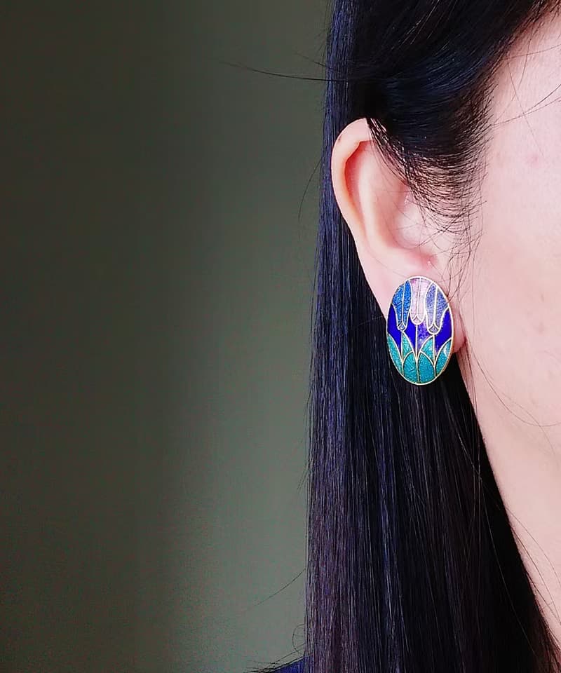 Vintage Jewelry  西洋古董飾品 景泰藍 藍底鬱金香花卉 夾式耳環