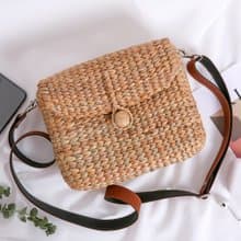 Straw Bag Fashion, Chic Crossbody Purse with Faux Leather Strap, Handmade Bag