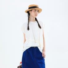 光束棉麻條紋小蓋袖上衣