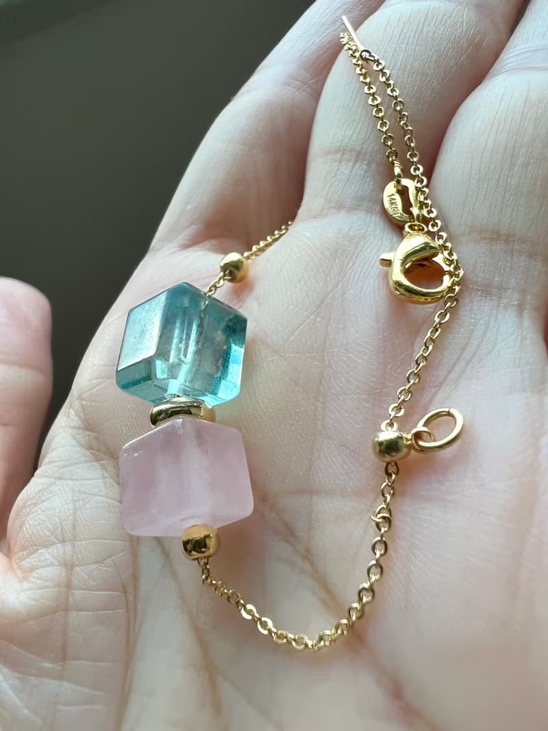 情人節送禮 藍綠螢石/粉晶 雙立方心輪 半寶石 18K包金水晶手鍊