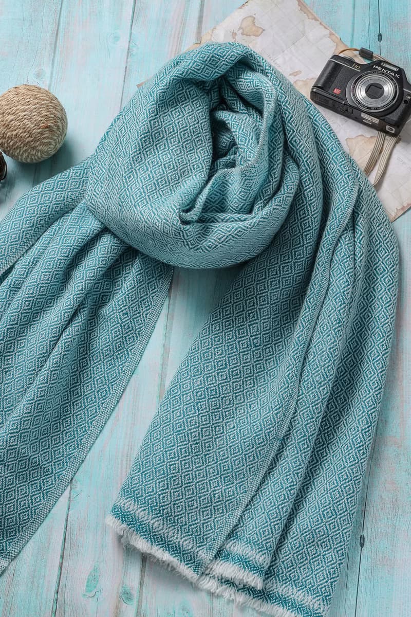 【厚款】喀什米爾羊毛圍巾/披肩  鑽石紋 綠精靈 手工機織