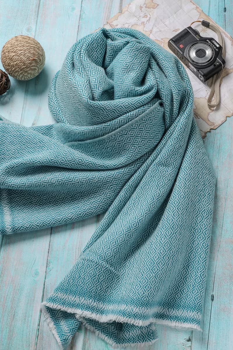 【厚款】喀什米爾羊毛圍巾/披肩  鑽石紋 綠精靈 手工機織