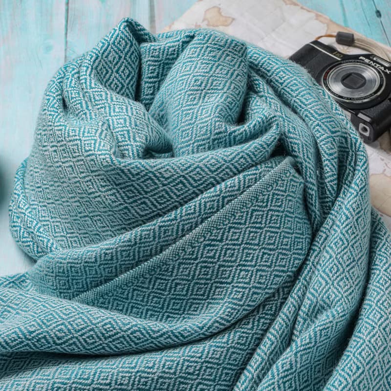 【厚款】喀什米爾羊毛圍巾/披肩  鑽石紋 綠精靈 手工機織