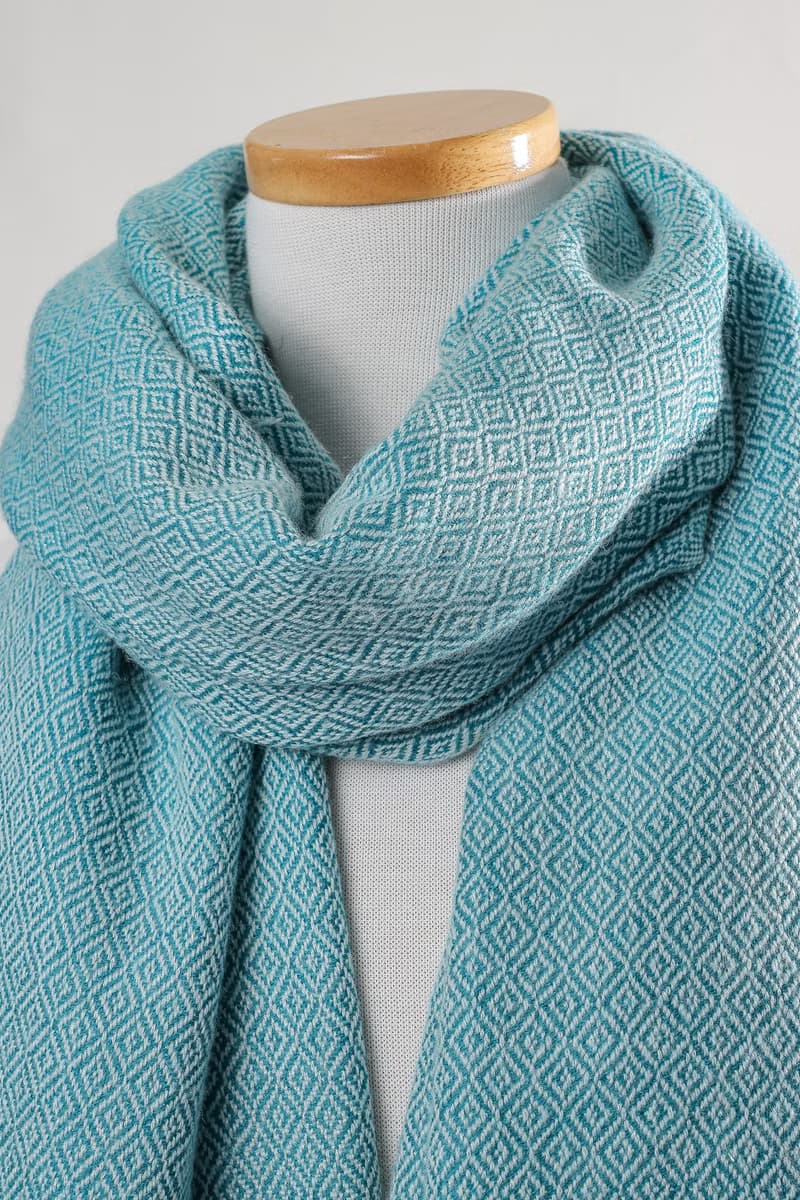 【厚款】喀什米爾羊毛圍巾/披肩  鑽石紋 綠精靈 手工機織