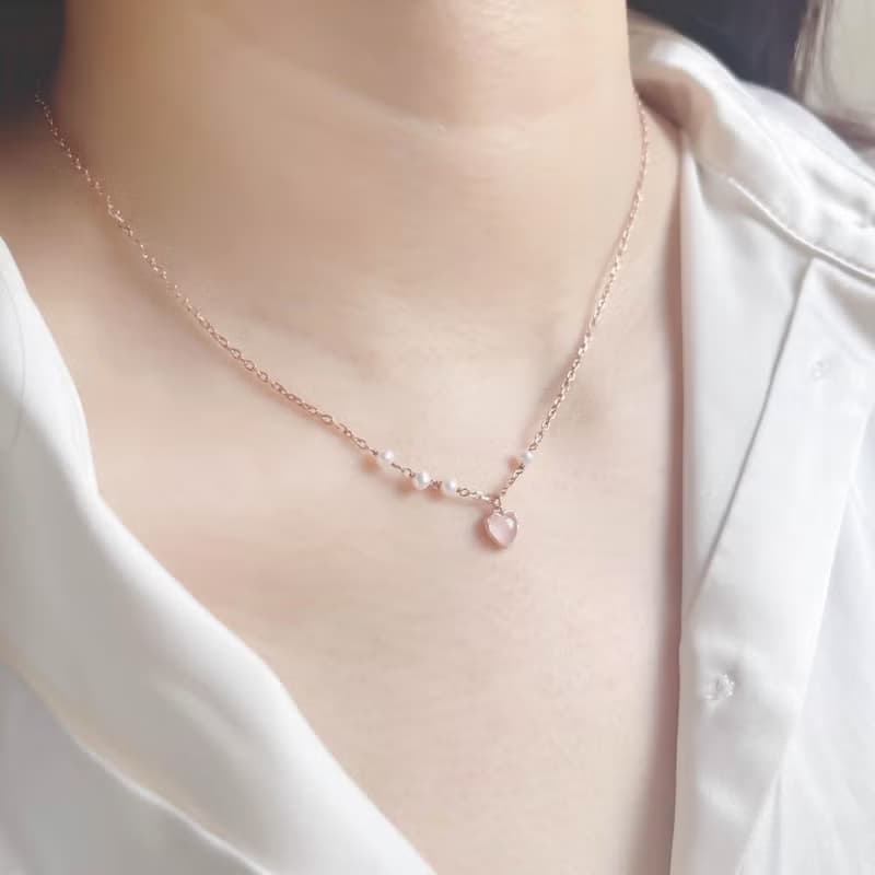 粉晶925純銀融心珍珠項鍊