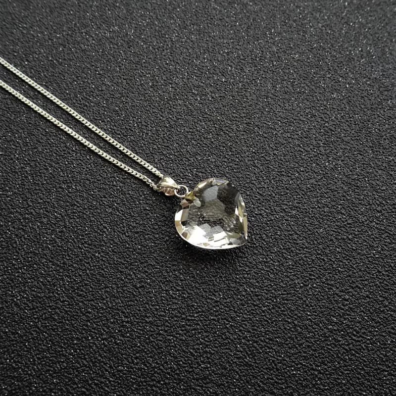 天然白水晶 大愛心切割 純銀項鍊 15mm