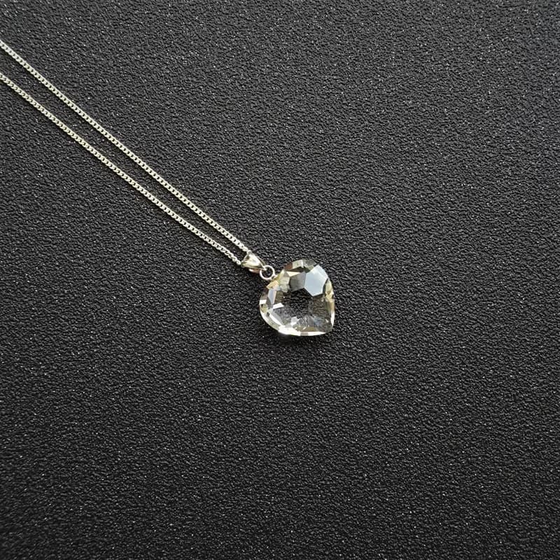 天然白水晶 大愛心切割 純銀項鍊 15mm