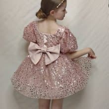pink satin flower girl short dress with sequin netting for wedding, birthday