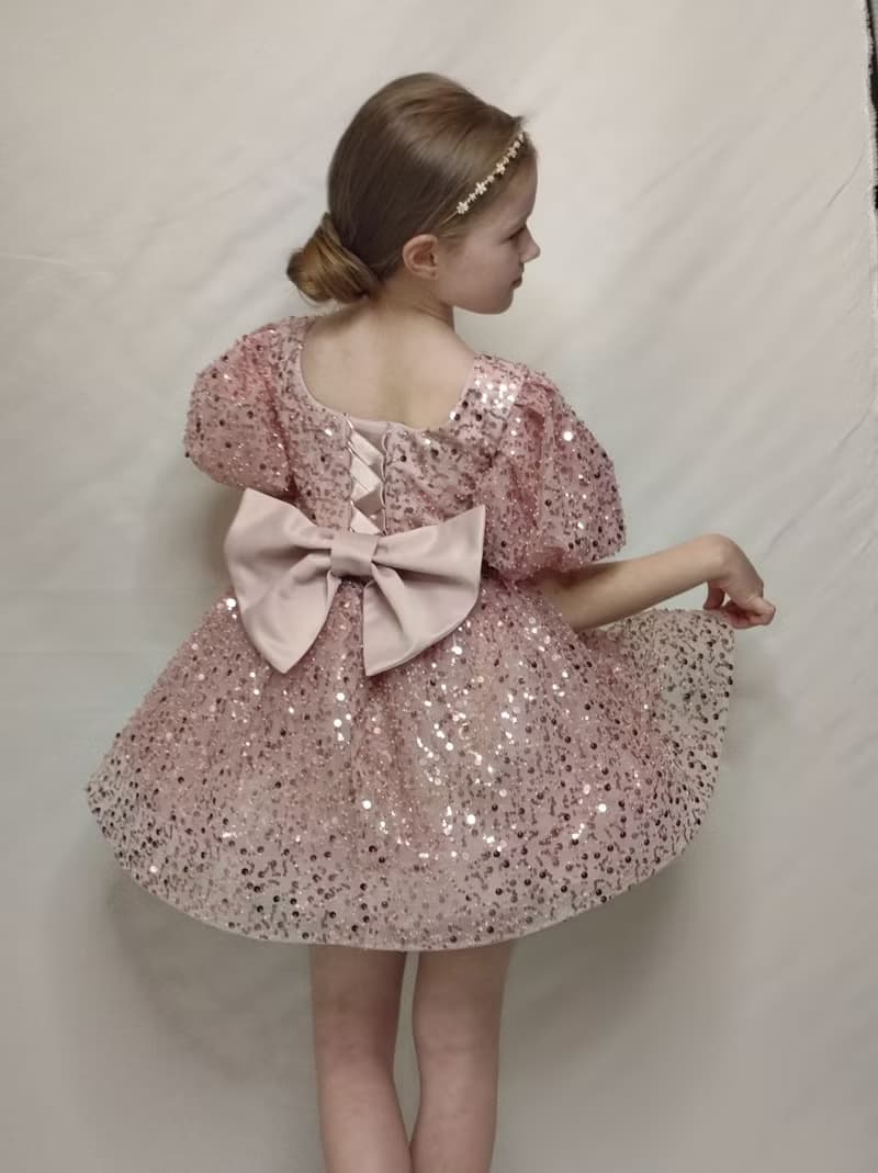 pink satin flower girl short dress with sequin netting for wedding, birthday