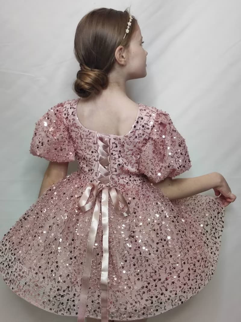 pink satin flower girl short dress with sequin netting for wedding, birthday