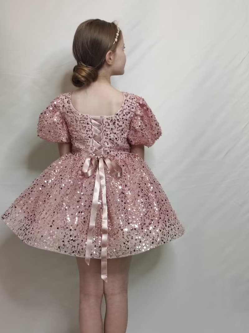 pink satin flower girl short dress with sequin netting for wedding, birthday