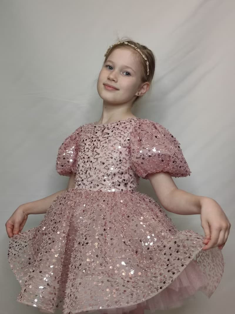 pink satin flower girl short dress with sequin netting for wedding, birthday