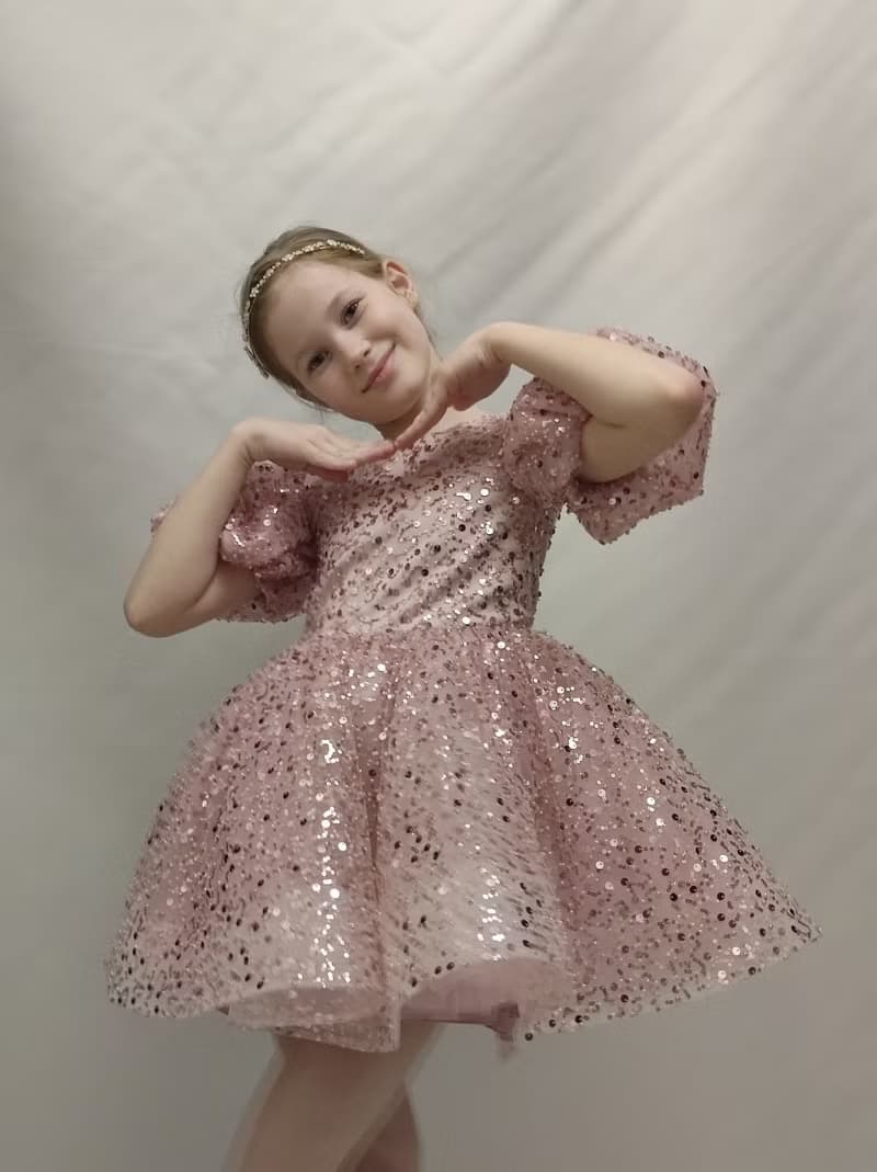 pink satin flower girl short dress with sequin netting for wedding, birthday
