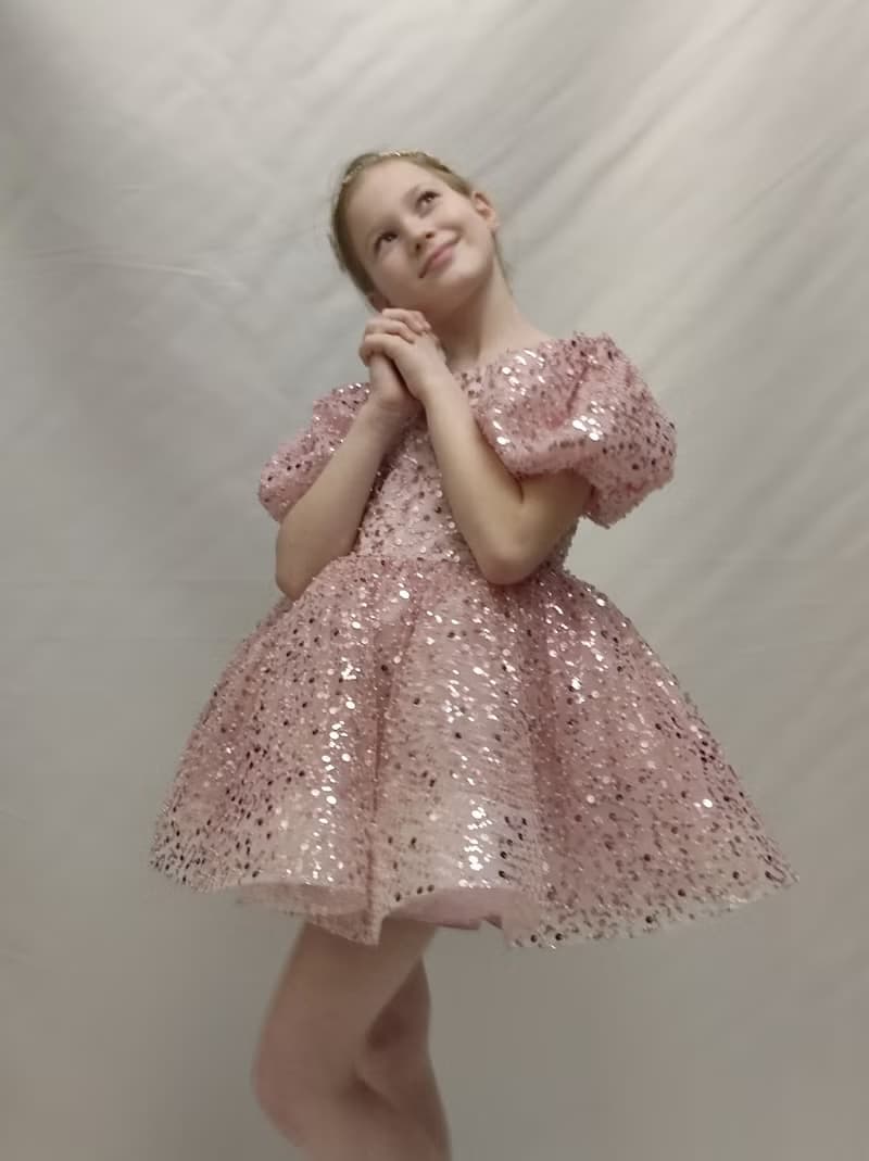 pink satin flower girl short dress with sequin netting for wedding, birthday
