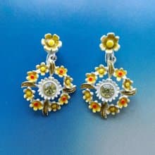 Vintage Jewelry 西洋古董飾品 垂墜 漾黃 琺瑯小花 夾式耳環