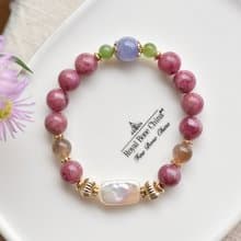 桃紅碧璽+珍珠+丹泉石+貓眼太陽石鍍金水晶手鍊