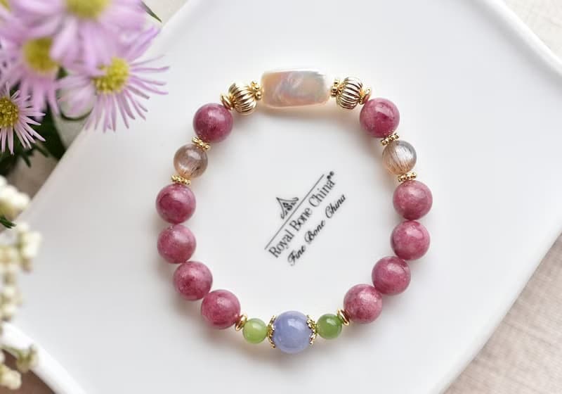 桃紅碧璽+珍珠+丹泉石+貓眼太陽石鍍金水晶手鍊