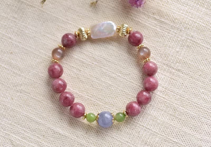 桃紅碧璽+珍珠+丹泉石+貓眼太陽石鍍金水晶手鍊